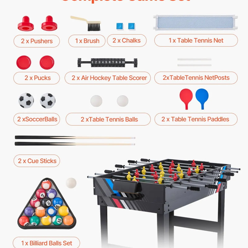 VEVOR 4 vienā kombinētais spēļu galds, 122 cm gaisa hokeja galds ar biljardu, galda futbolu un galda tenisu, komplektā ripas un stūmēji, sporta arkādes galds ģimenes spēļu istabai vai birojam