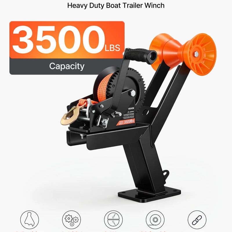 VEVOR laivas piekabes vinčas statīvs ar rullīti, kravnesība 1588 kg, 6,1 m oranža poliestera siksna, vinčas stiprinājums piekabei, piemērots 50,8–76,2 mm platām un 76,2–101,6 mm augstām piekabes sakabēm, ūdensmotocikliem, buru laivām un motorlaivām