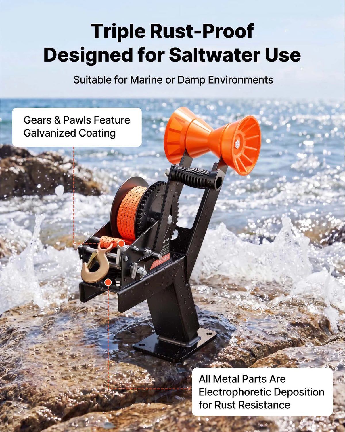 VEVOR Boat Trailer Winch Stand with Roller, 1588 kg Load Capacity, 6.1 m Orange Polyester Strap, Winch Mount for Trailer, Fits 50.8–76.2 mm Wide and 76.2–101.6 mm High Trailer Couplers, Jet Skis, Sailboats and Motorboats