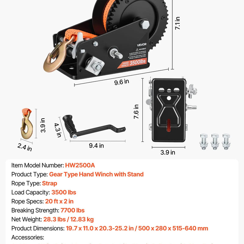 VEVOR laivas piekabes vinčas statīvs ar rullīti, kravnesība 1588 kg, 6,1 m oranža poliestera siksna, vinčas stiprinājums piekabei, piemērots 50,8–76,2 mm platām un 76,2–101,6 mm augstām piekabes sakabēm, ūdensmotocikliem, buru laivām un motorlaivām