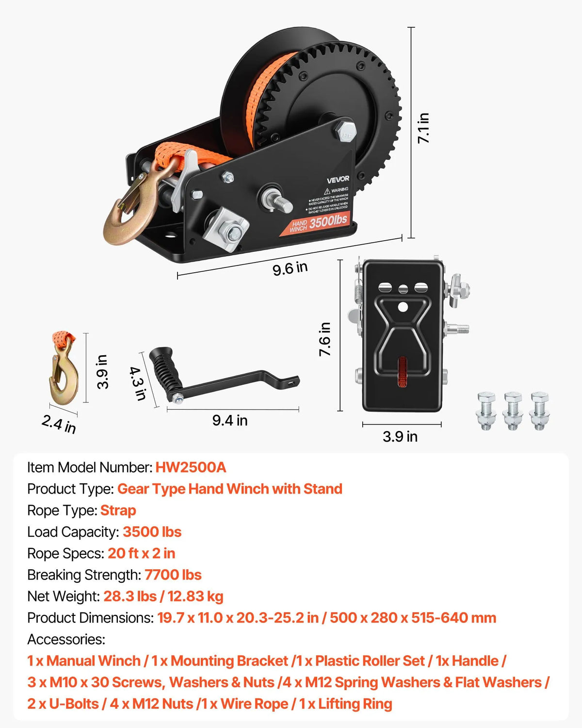VEVOR Boat Trailer Winch Stand with Roller, 1588 kg Load Capacity, 6.1 m Orange Polyester Strap, Winch Mount for Trailer, Fits 50.8–76.2 mm Wide and 76.2–101.6 mm High Trailer Couplers, Jet Skis, Sailboats and Motorboats