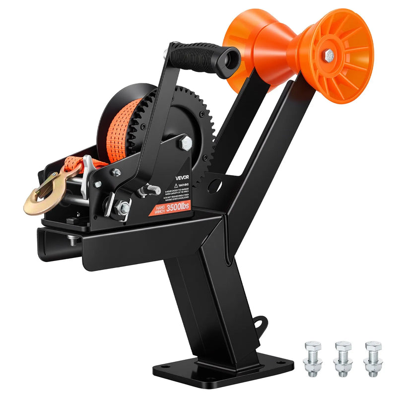 VEVOR laivas piekabes vinčas statīvs ar rullīti, kravnesība 1588 kg, 6,1 m oranža poliestera siksna, vinčas stiprinājums piekabei, piemērots 50,8–76,2 mm platām un 76,2–101,6 mm augstām piekabes sakabēm, ūdensmotocikliem, buru laivām un motorlaivām