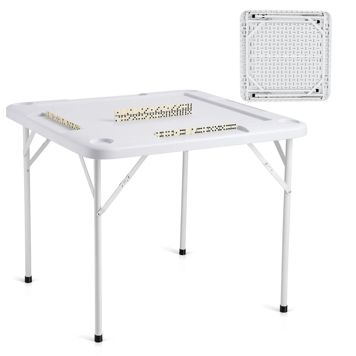 VEVOR salokāms kvadrātveida mahjong un kāršu galds 4 spēlētājiem ar 4 glāžu turētājiem un 4 žetonu paplātēm, pārnēsājams domino spēļu galds ar 1 domino komplektu mahjongam, pokeram un puzlēm, 90 × 90 cm, balts - ZEMLETES.LV