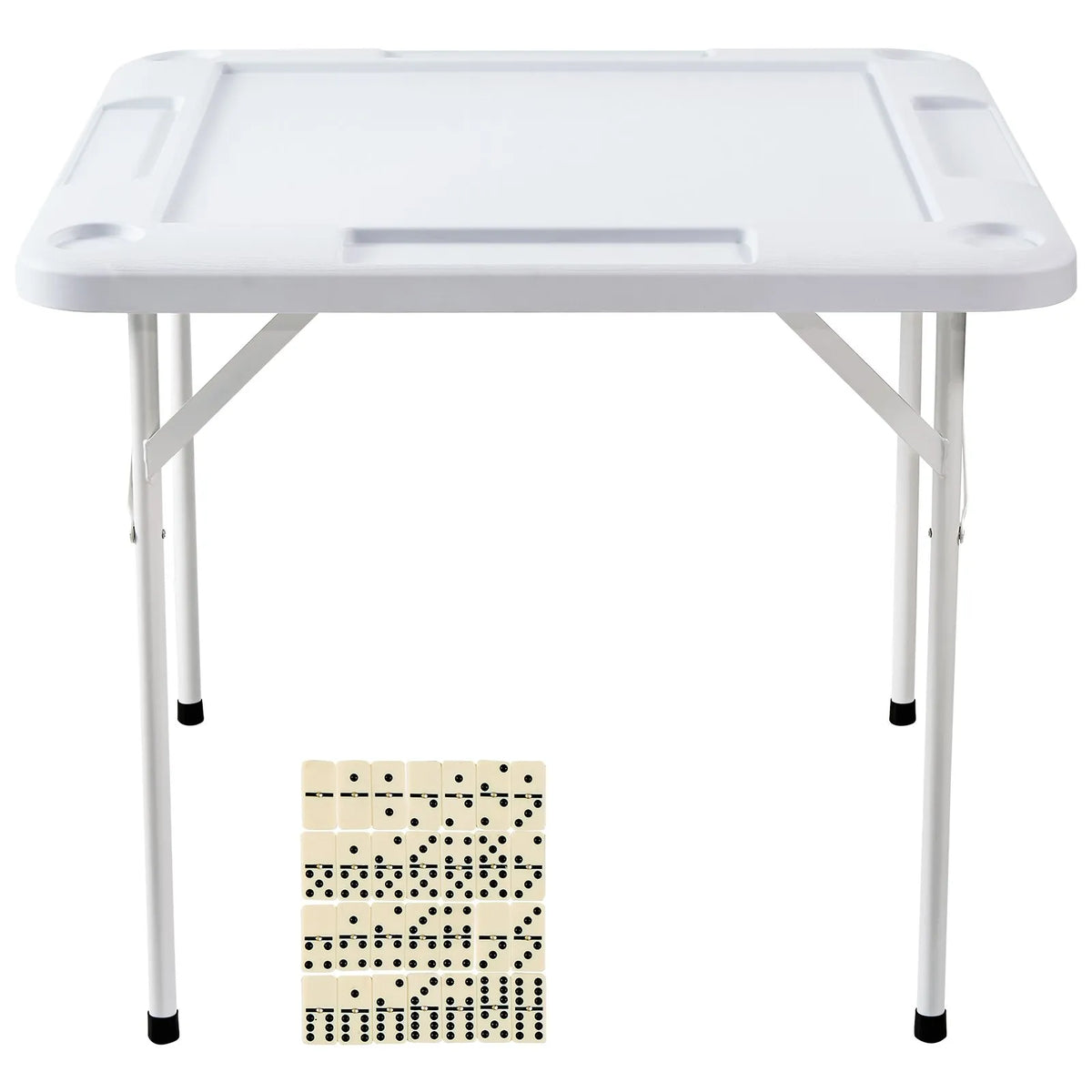 VEVOR salokāms kvadrātveida mahjong un kāršu galds 4 spēlētājiem ar 4 glāžu turētājiem un 4 žetonu paplātēm, pārnēsājams domino spēļu galds ar 1 domino komplektu mahjongam, pokeram un puzlēm, 90 × 90 cm, balts - ZEMLETES.LV