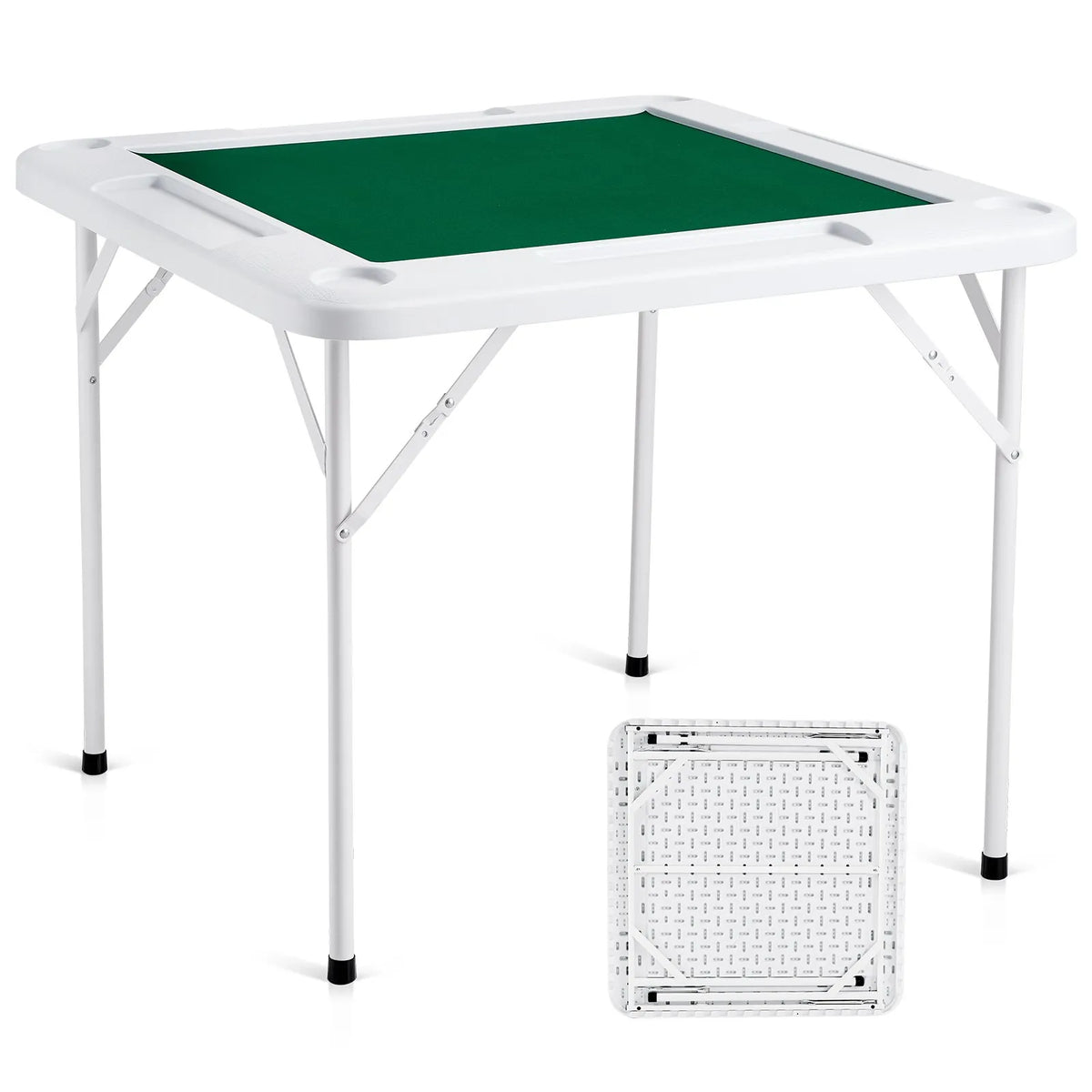VEVOR salokāms kvadrātveida mahjong un kāršu galds 4 spēlētājiem ar nodilumizturīgu zaļu virsmu, 4 glāžu turētājiem un 4 žetonu paplātēm, pārnēsājams domino spēļu galds mahjongam, pokeram un puzlēm, 90 × 90 cm - ZEMLETES.LV