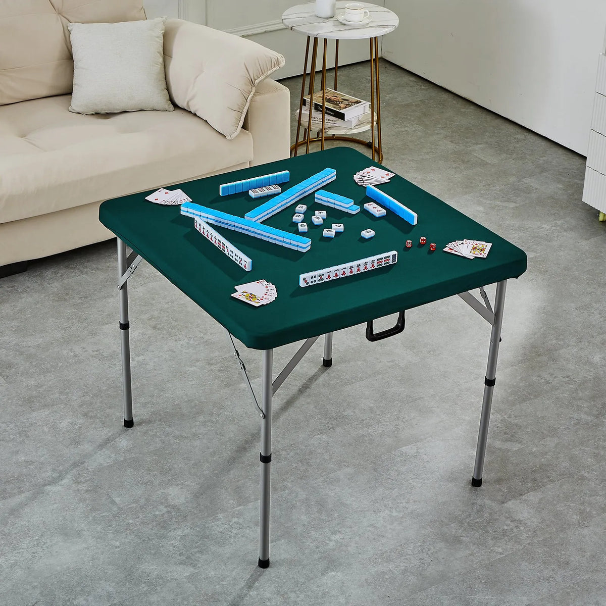 VEVOR salokāms mahjong un kāršu galds 4 spēlētājiem ar nodilumizturīgu zaļu virsmu, pārnēsājams kvadrātveida domino galds ar rokturi, piemērots kempingam, piknikam un ballītēm, 86 × 86 cm - ZEMLETES.LV