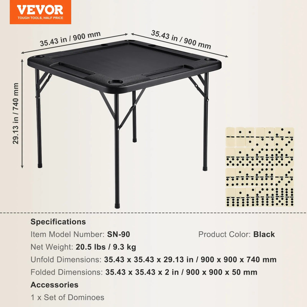 VEVOR salokāms kvadrātveida mahjong un kāršu galds 4 spēlētājiem ar 4 glāžu turētājiem un 4 žetonu paplātēm, pārnēsājams domino spēļu galds ar 1 domino komplektu mahjongam, kārtīm un puzlēm, 90 × 90 cm, melns - ZEMLETES.LV