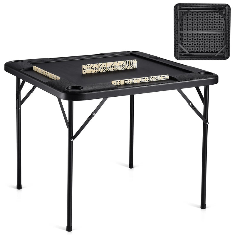 VEVOR salokāms kvadrātveida mahjong un kāršu galds 4 spēlētājiem ar 4 glāžu turētājiem un 4 žetonu paplātēm, pārnēsājams domino spēļu galds ar 1 domino komplektu mahjongam, kārtīm un puzlēm, 90 × 90 cm, melns - ZEMLETES.LV