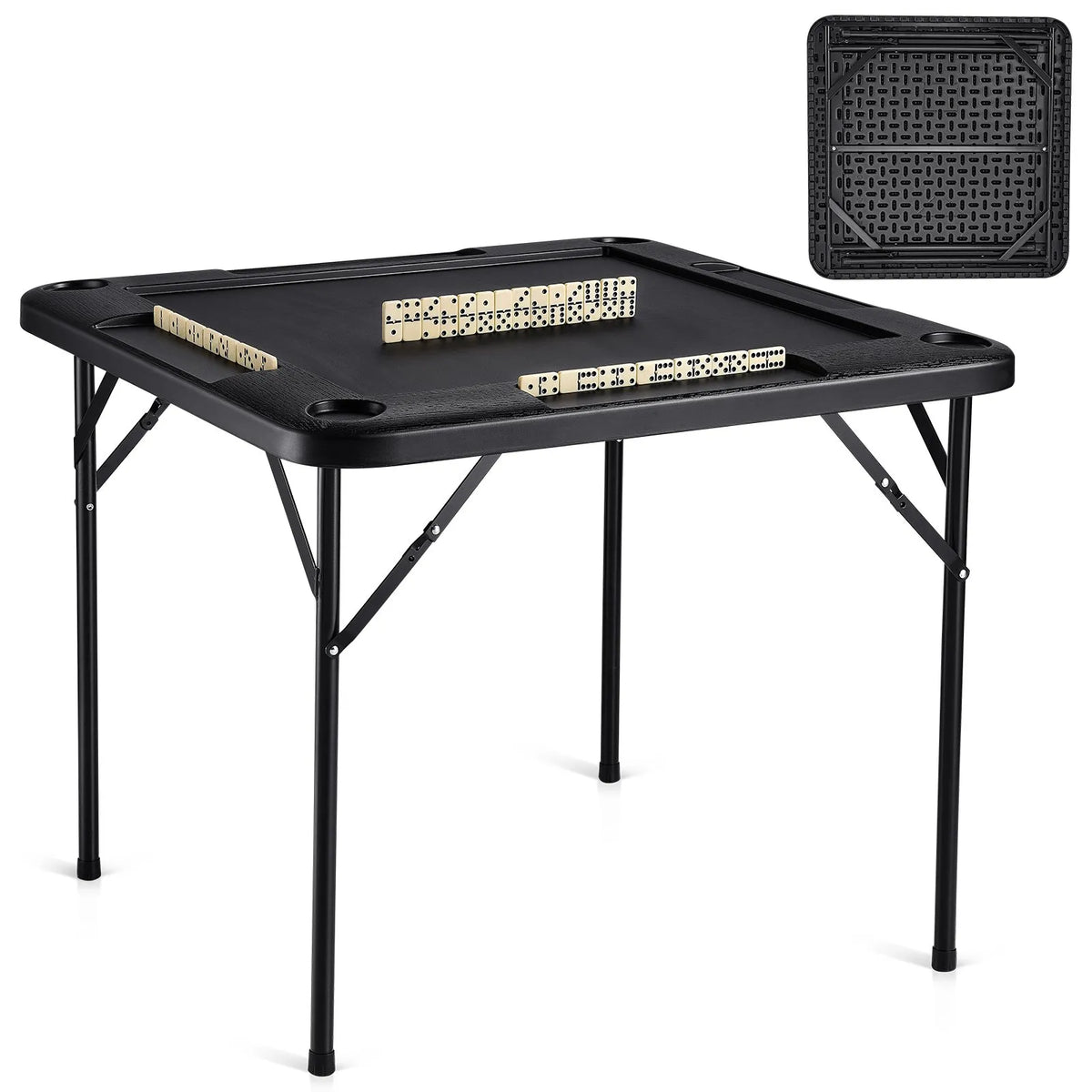 VEVOR salokāms kvadrātveida mahjong un kāršu galds 4 spēlētājiem ar 4 glāžu turētājiem un 4 žetonu paplātēm, pārnēsājams domino spēļu galds ar 1 domino komplektu mahjongam, kārtīm un puzlēm, 90 × 90 cm, melns - ZEMLETES.LV