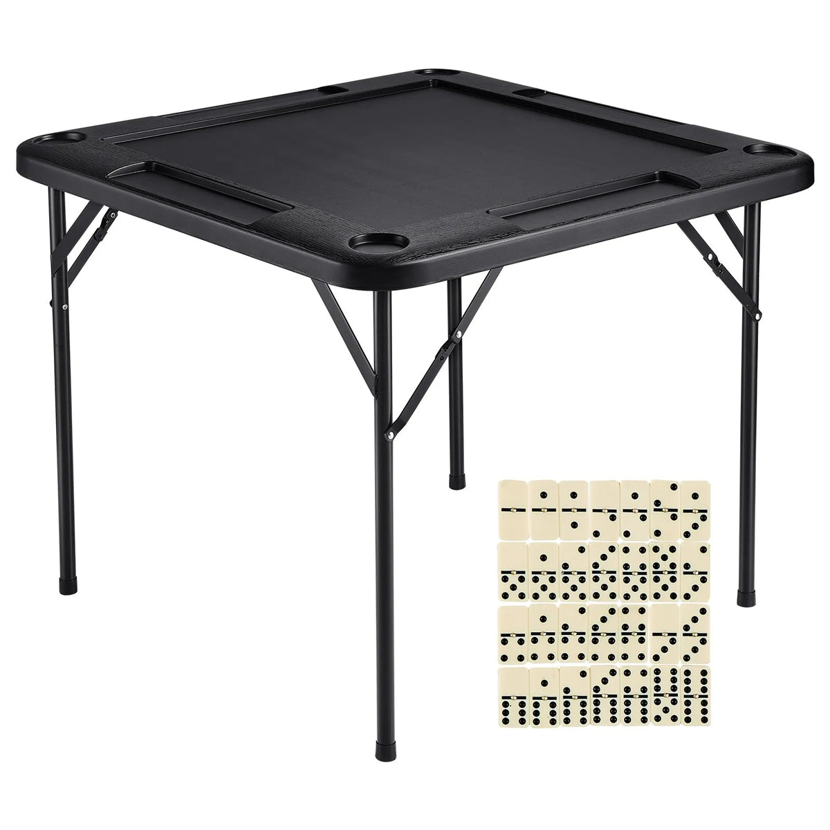 VEVOR salokāms kvadrātveida mahjong un kāršu galds 4 spēlētājiem ar 4 glāžu turētājiem un 4 žetonu paplātēm, pārnēsājams domino spēļu galds ar 1 domino komplektu mahjongam, kārtīm un puzlēm, 90 × 90 cm, melns - ZEMLETES.LV