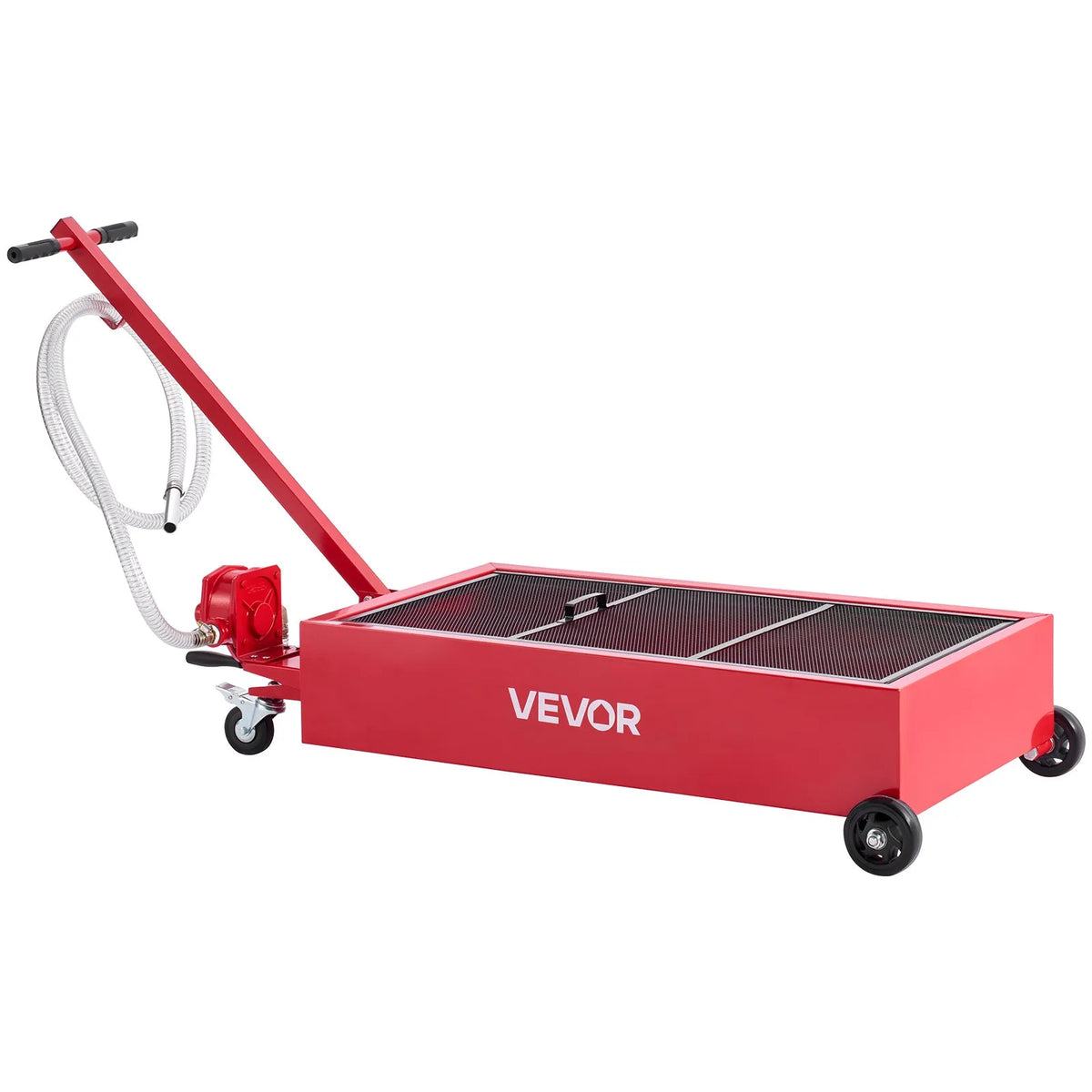 VEVOR zema profila eļļas savākšanas panna 75,7 l ar riteņiem un manuālo sūkni, 2,2 m šļūtene un T veida salokāms rokturis, hermētiska un korozijizturīga, piemērota vieglajām automašīnām, SUV, kravas auto un ATV, sarkana - ZEMLETES.LV