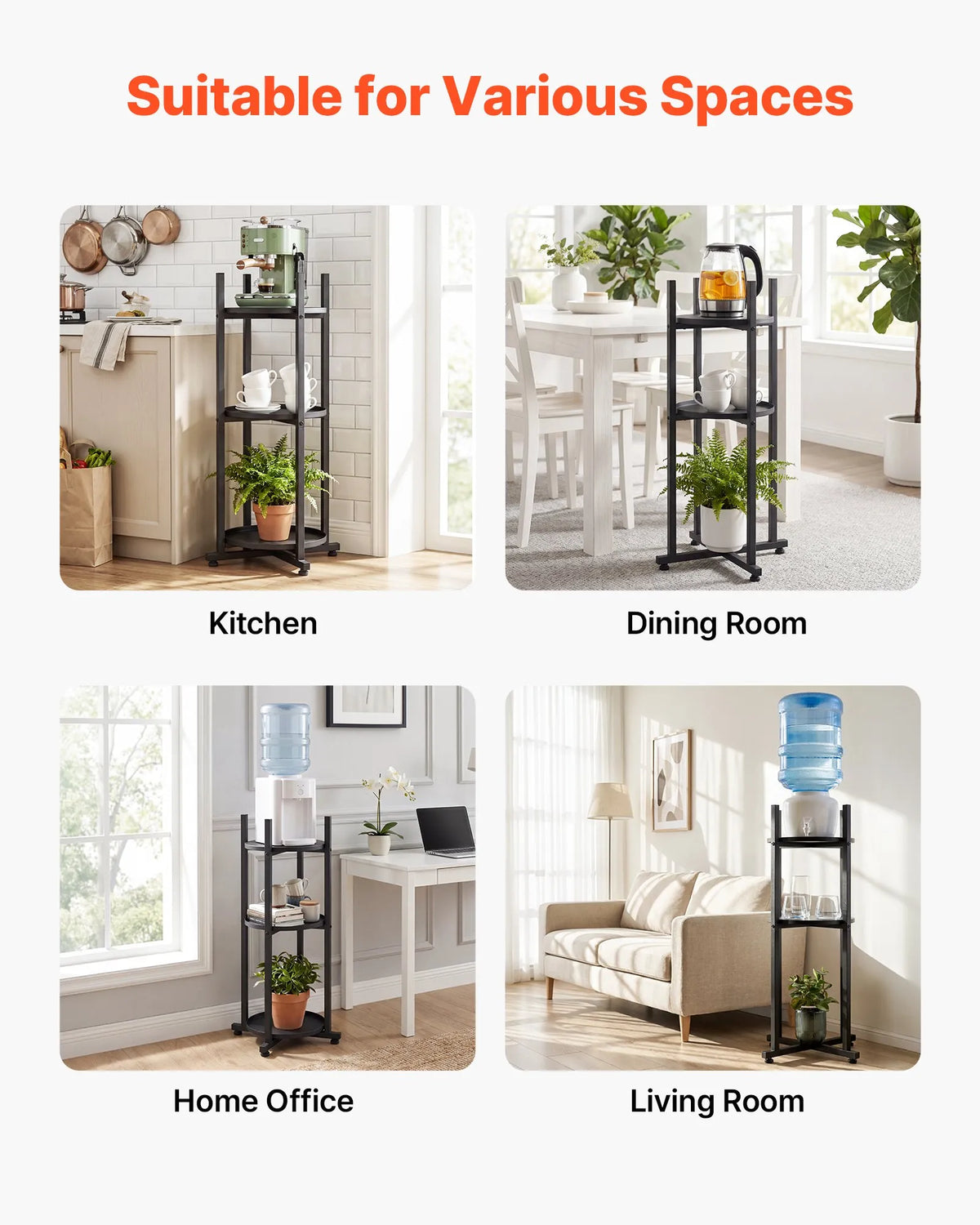 VEVOR Water Dispenser Stand for 1 Bottle, 2 Tiers, with Removable Shelf and Cross Base, Black