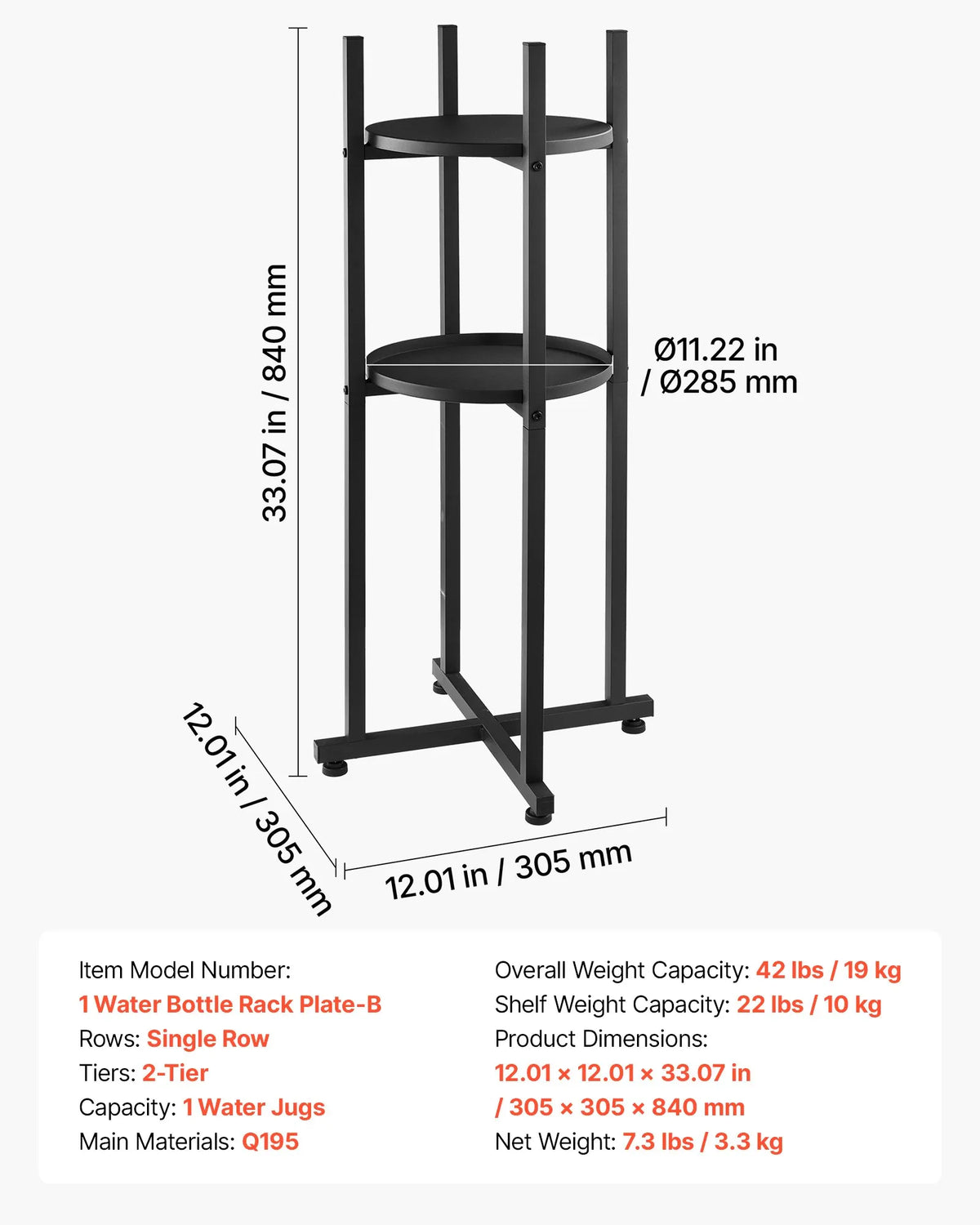 VEVOR Water Dispenser Stand for 1 Bottle, 2 Tiers, with Removable Shelf and Cross Base, Black