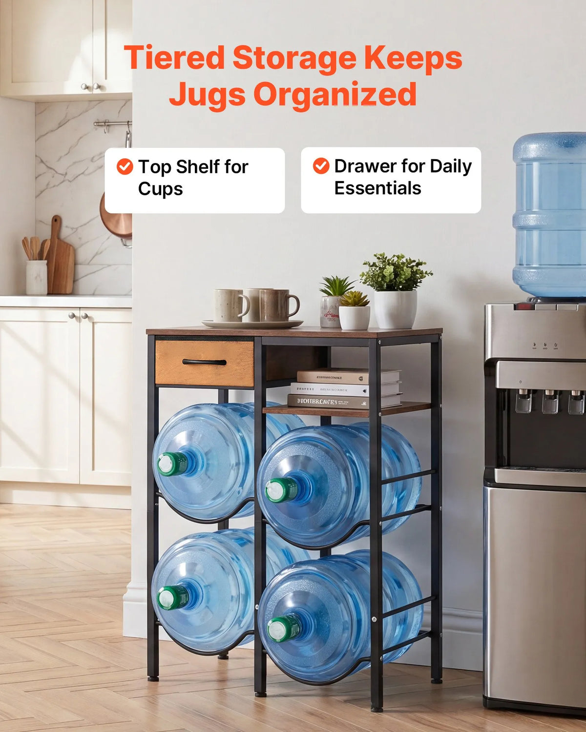 VEVOR Water Bottle Rack for 4 Bottles, 4 Tiers, for 11 and 19 L Bottles, with Shelf and Drawer, Black and Brown