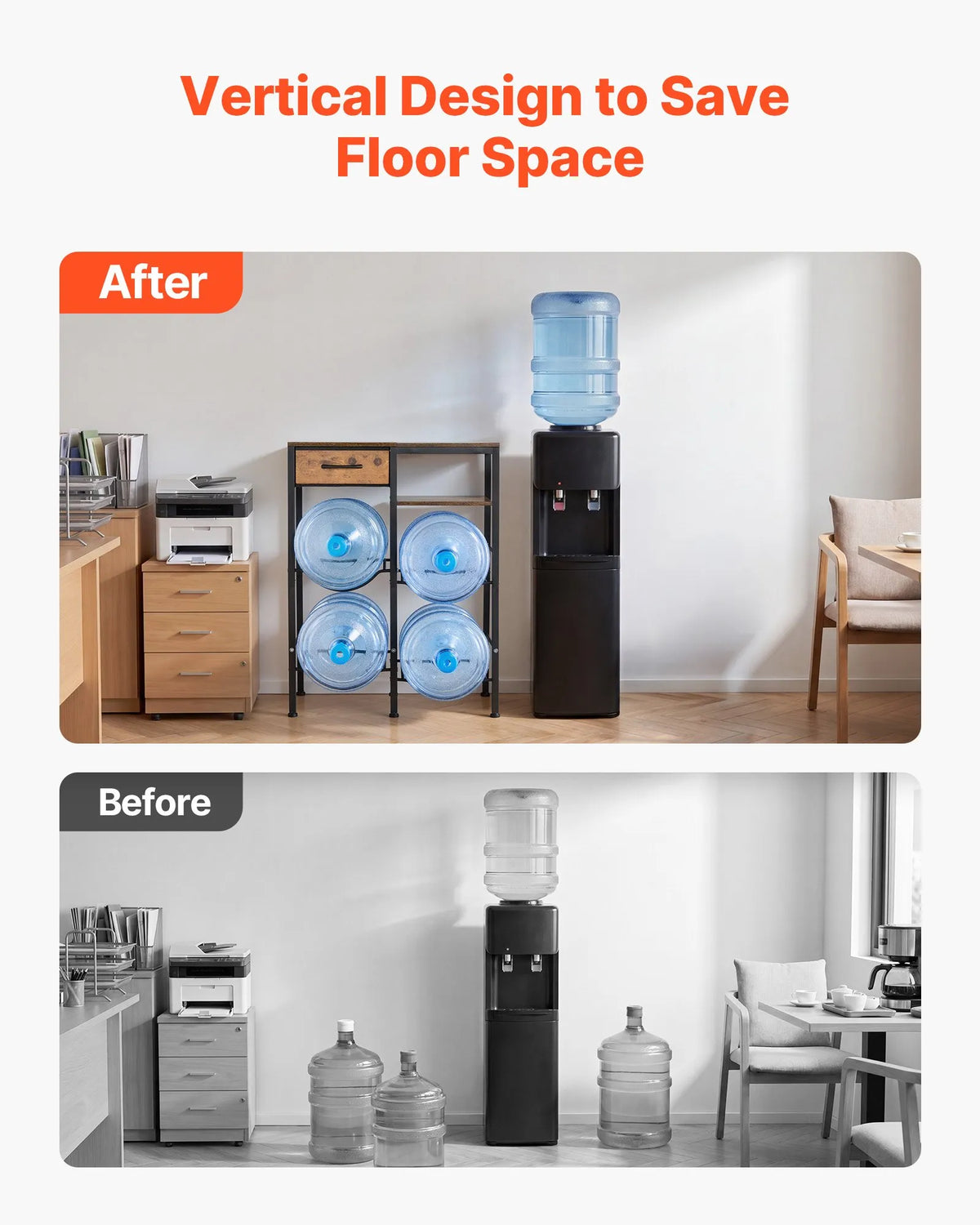 VEVOR Water Bottle Rack for 4 Bottles, 4 Tiers, for 11 and 19 L Bottles, with Shelf and Drawer, Black and Brown
