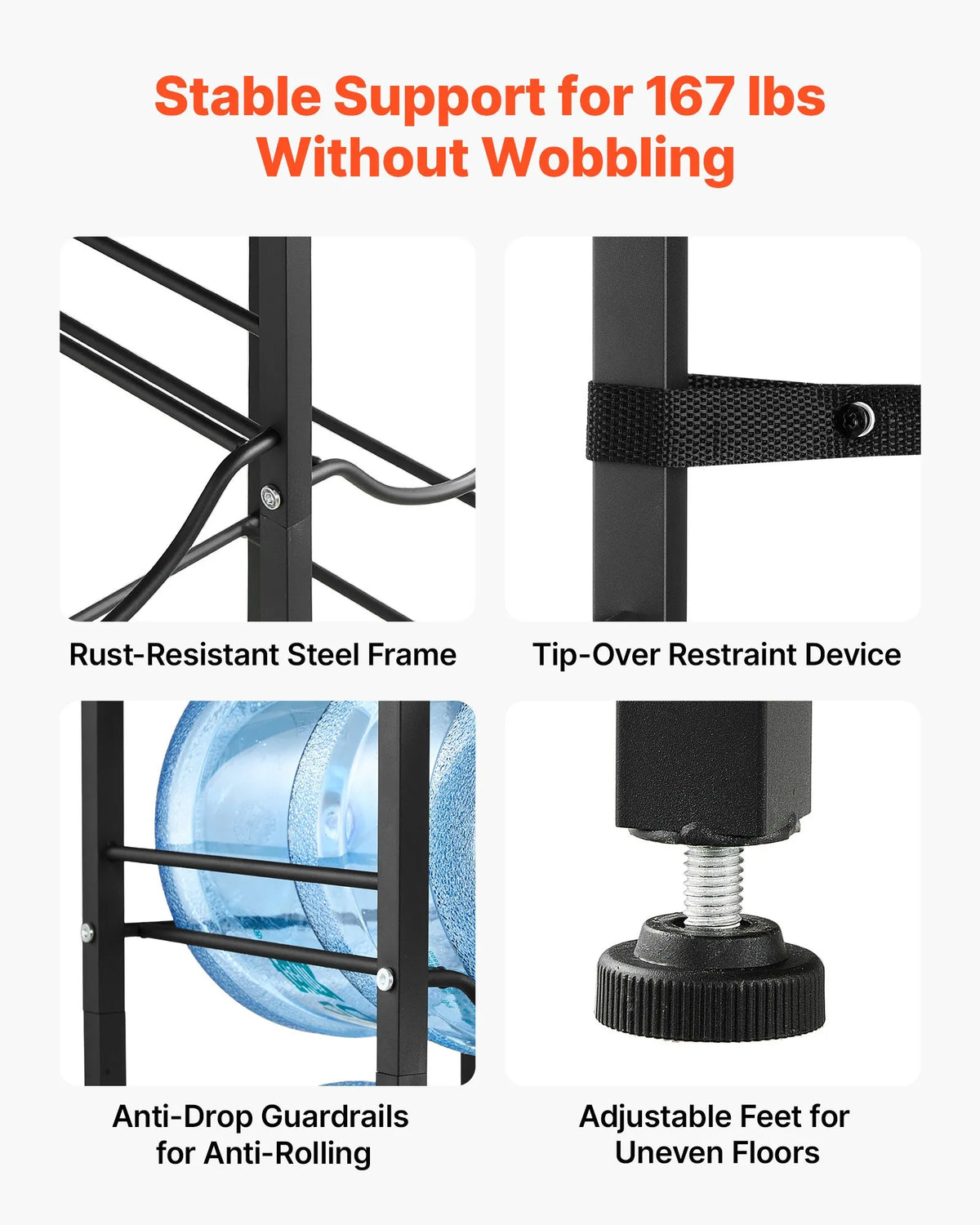 VEVOR Water Bottle Rack for 4 Bottles, 4 Tiers, for 11 and 19 L Bottles, with Shelf and Drawer, Black and Brown