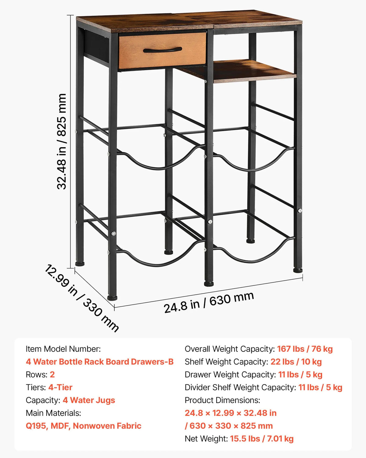 VEVOR Water Bottle Rack for 4 Bottles, 4 Tiers, for 11 and 19 L Bottles, with Shelf and Drawer, Black and Brown