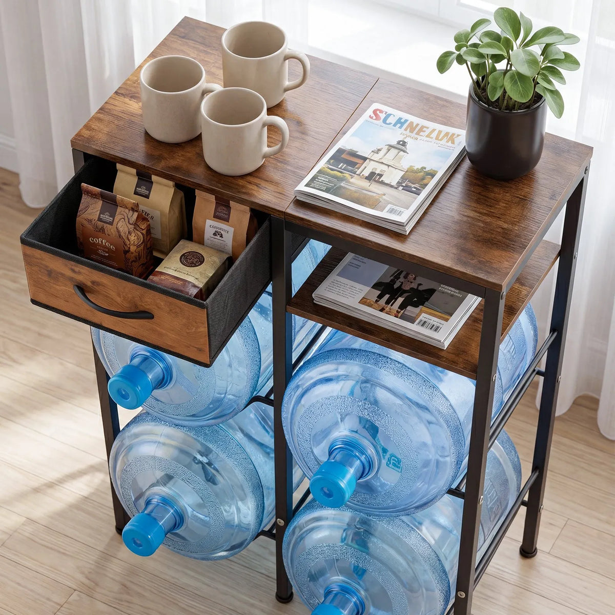VEVOR Water Bottle Rack for 4 Bottles, 4 Tiers, for 11 and 19 L Bottles, with Shelf and Drawer, Black and Brown