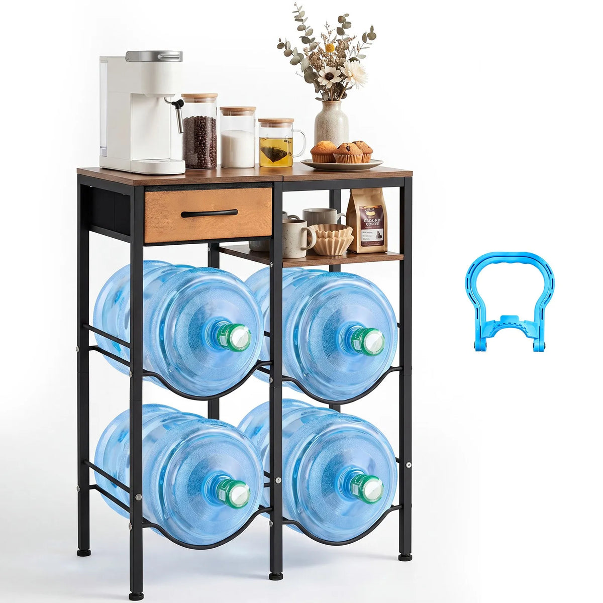 VEVOR Water Bottle Rack for 4 Bottles, 4 Tiers, for 11 and 19 L Bottles, with Shelf and Drawer, Black and Brown