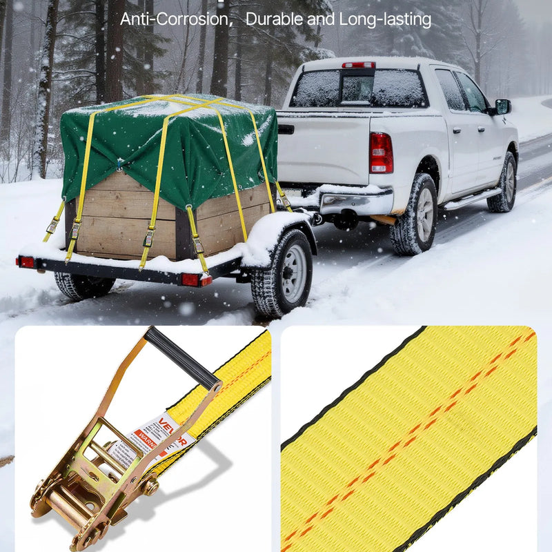 VEVOR sprūdrata stiprinājuma siksnu komplekts, 50,8 mm × 9,1 m, lieljaudas siksnas ar dubultajiem J veida āķiem, pārrāvuma izturība 4536 kg, kravas nostiprināšanai pārvadāšanā, piekabēs, motocikliem, kajakiem un uz auto jumta, 10 gab.