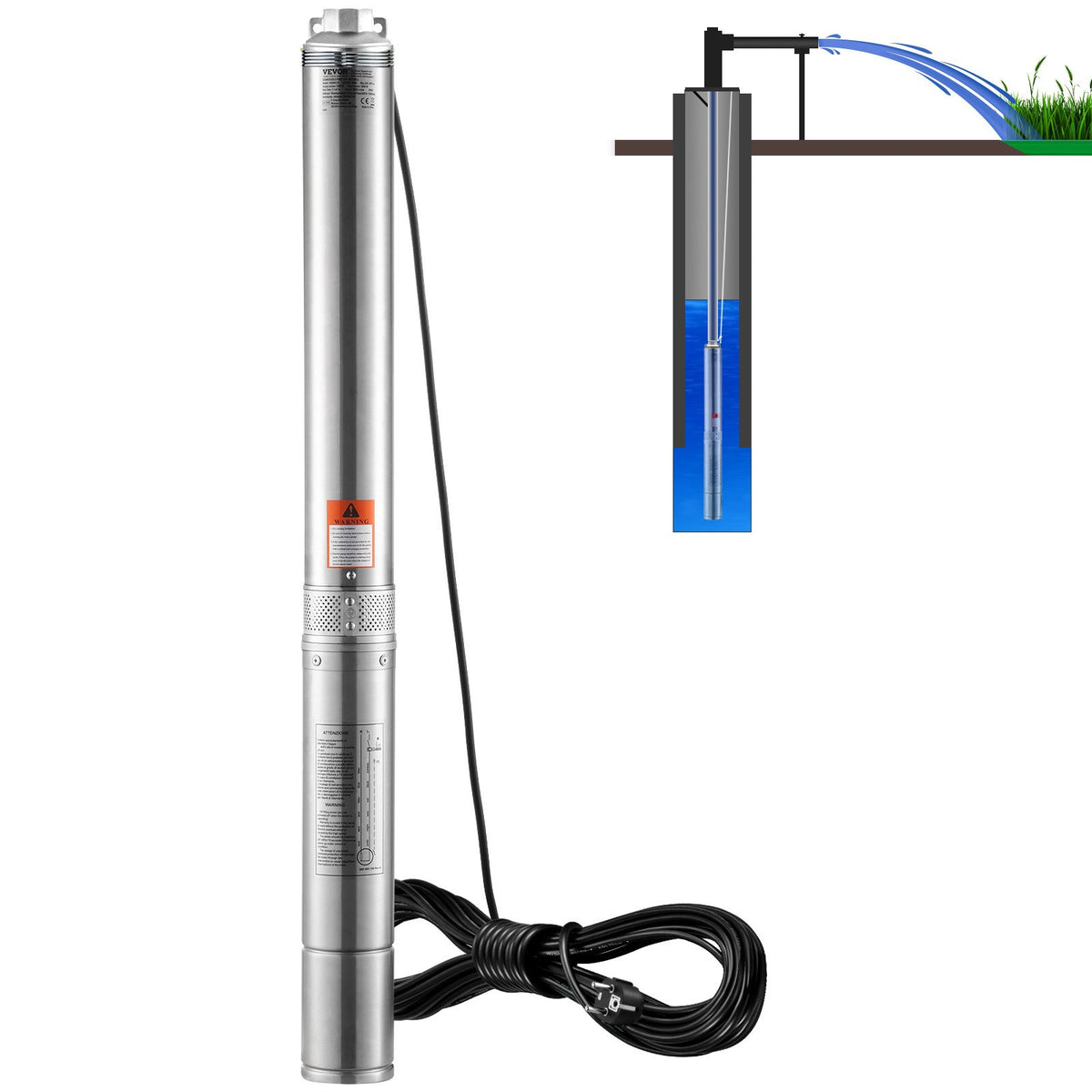 VEVOR 1100 W dziļurbuma iegremdējamais sūknis, 7,1 m³/h, 105 m pacēluma augstums, IP68