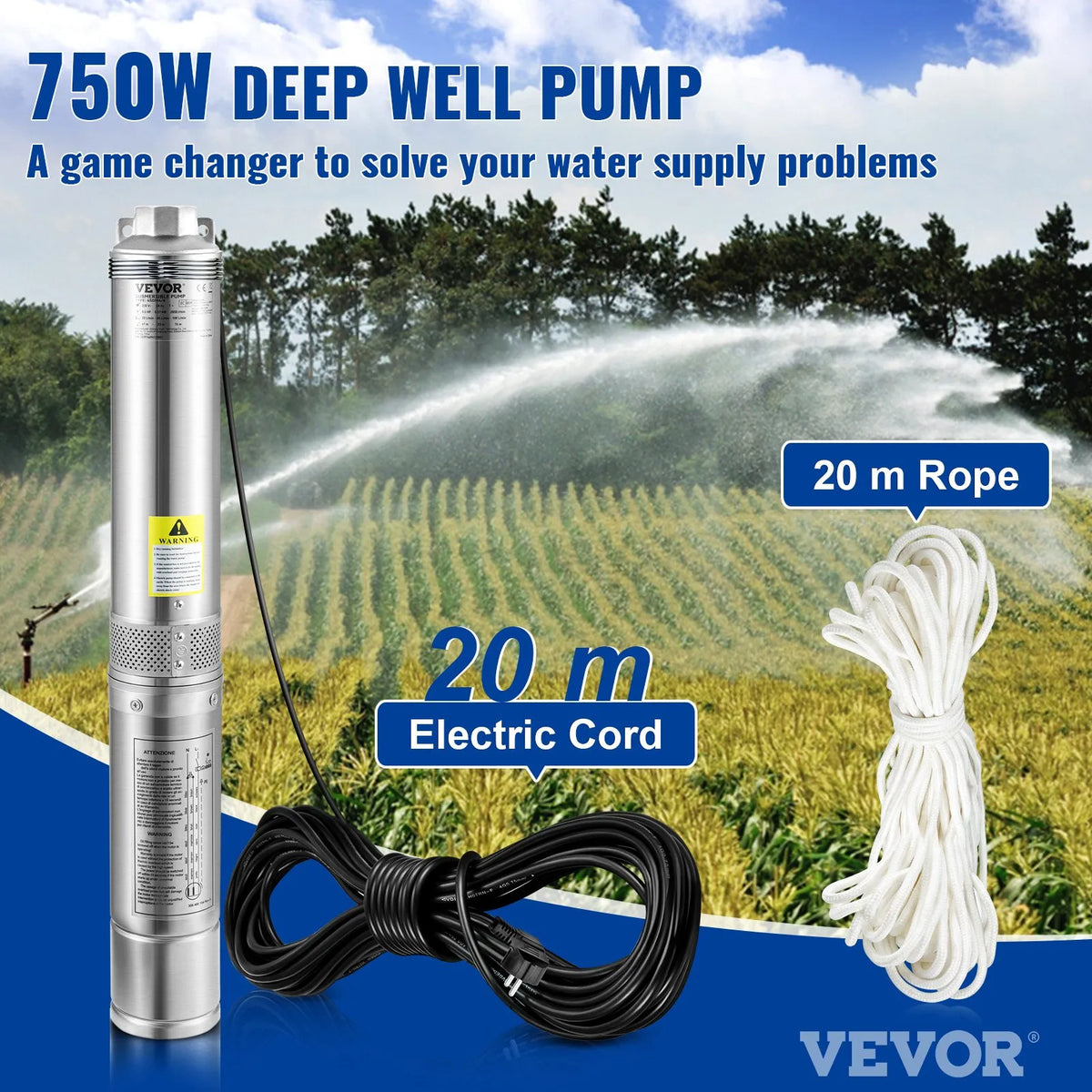 VEVOR 750 W dziļurbuma iegremdējamais sūknis, 105 l/min, 62 m pacēluma augstums, 20 m kabelis, IP68