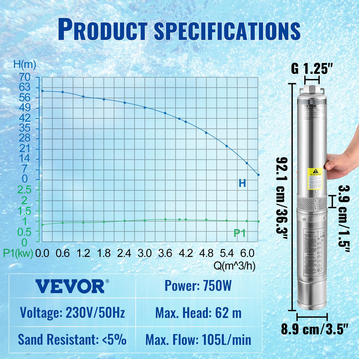 VEVOR 750 W dziļurbuma iegremdējamais sūknis, 105 l/min, 62 m pacēluma augstums, 20 m kabelis, IP68