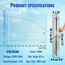 VEVOR 750 W dziļurbuma iegremdējamais sūknis, 105 l/min, 62 m pacēluma augstums, 20 m kabelis, IP68