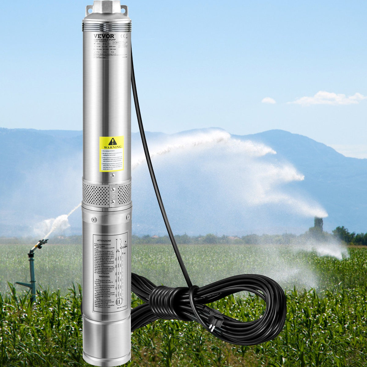 VEVOR 750 W dziļurbuma iegremdējamais sūknis, 105 l/min, 62 m pacēluma augstums, 20 m kabelis, IP68
