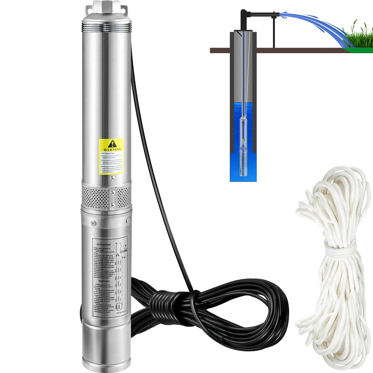 VEVOR 750 W dziļurbuma iegremdējamais sūknis, 105 l/min, 62 m pacēluma augstums, 20 m kabelis, IP68