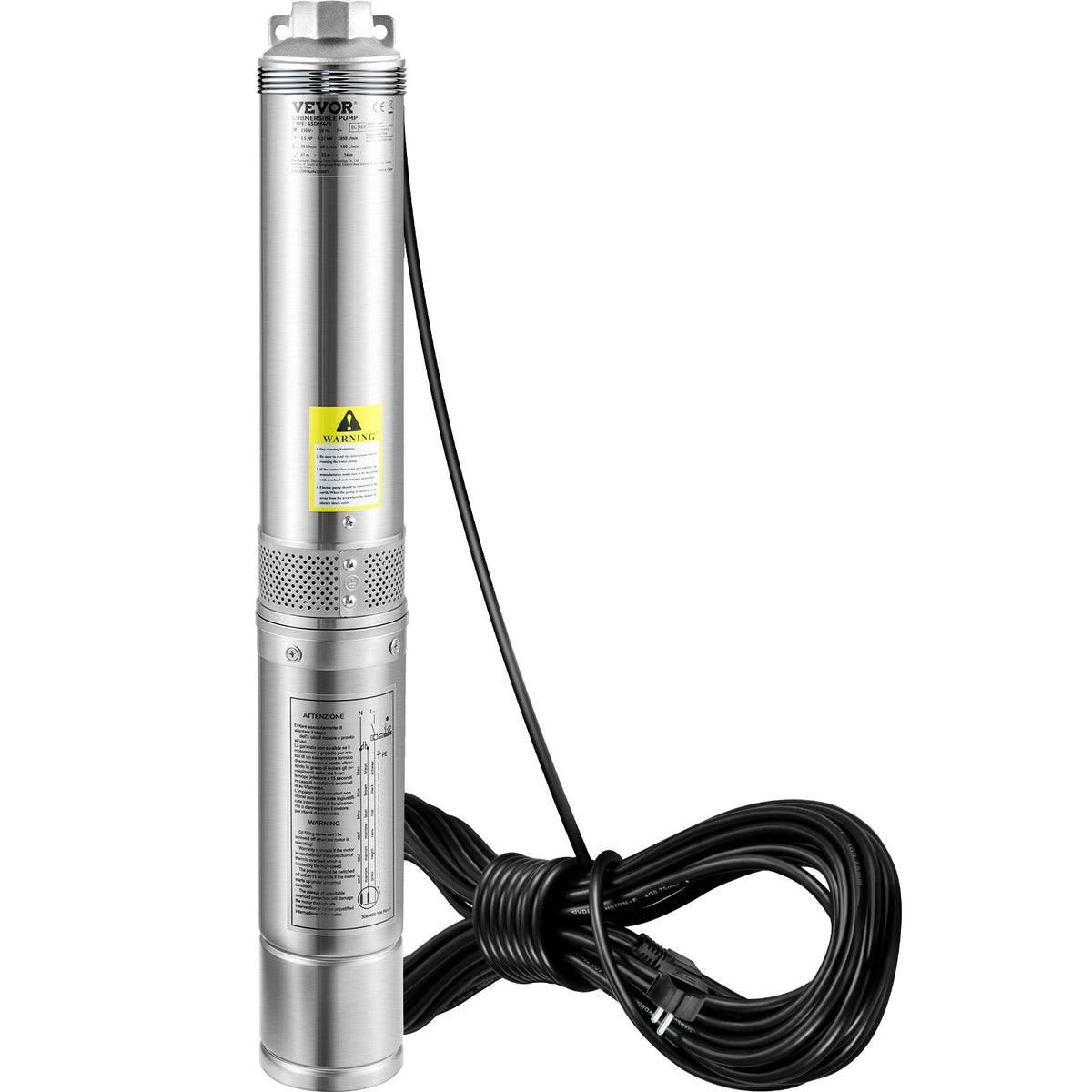 VEVOR 750 W dziļurbuma iegremdējamais sūknis, 105 l/min, 62 m pacēluma augstums, 20 m kabelis, IP68