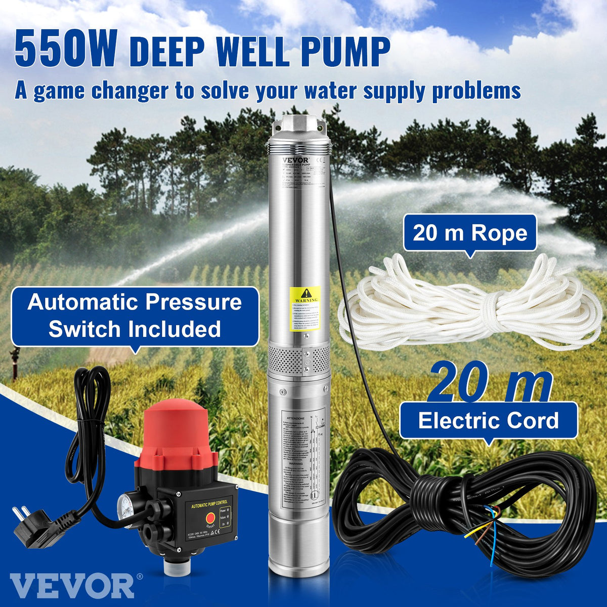 VEVOR 550 W dziļurbuma iegremdējamais sūknis, 50 l/min, 89 m pacēluma augstums, automātiskais spiediena slēdzis, IP68