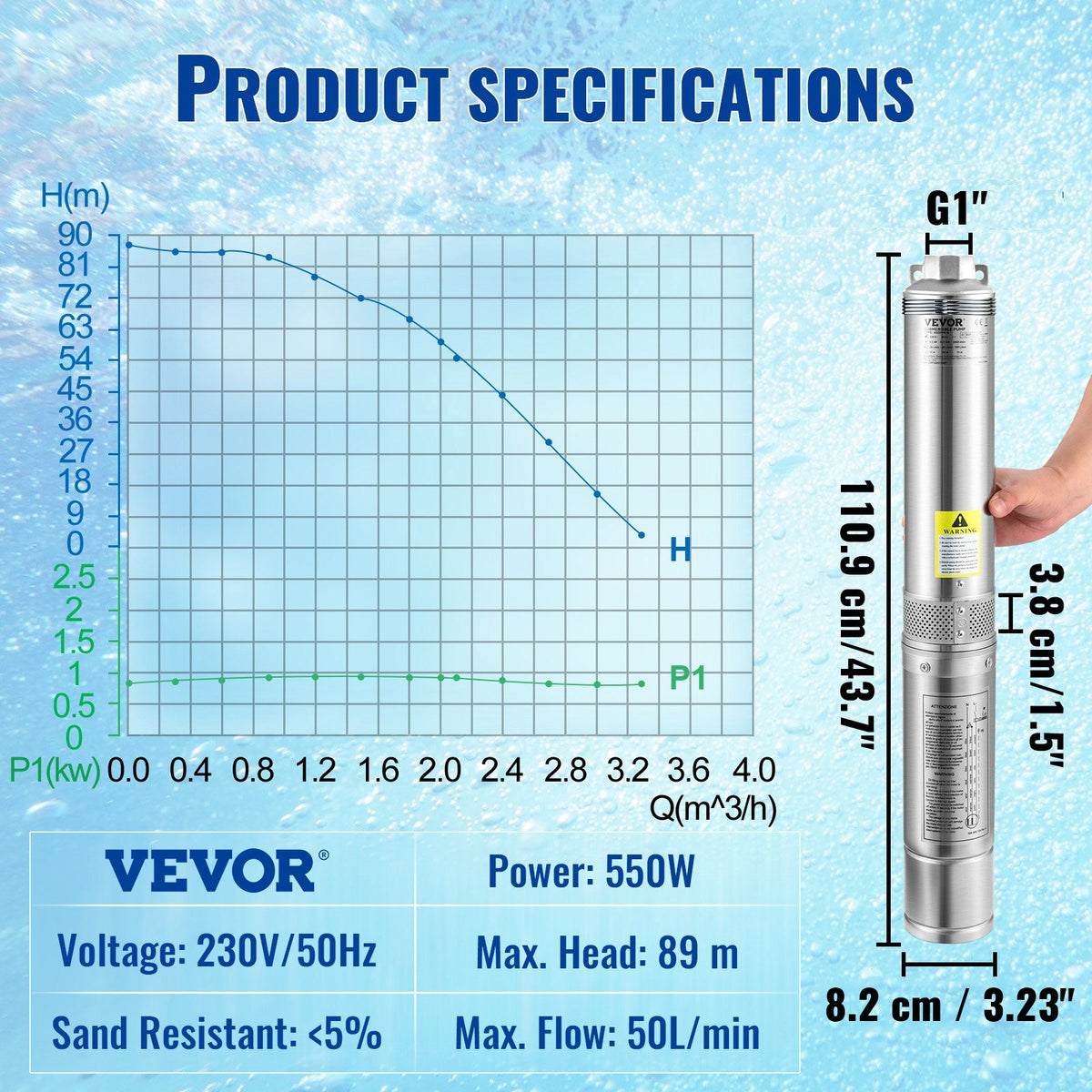 VEVOR 550 W dziļurbuma iegremdējamais sūknis, 50 l/min, 89 m pacēluma augstums, automātiskais spiediena slēdzis, IP68