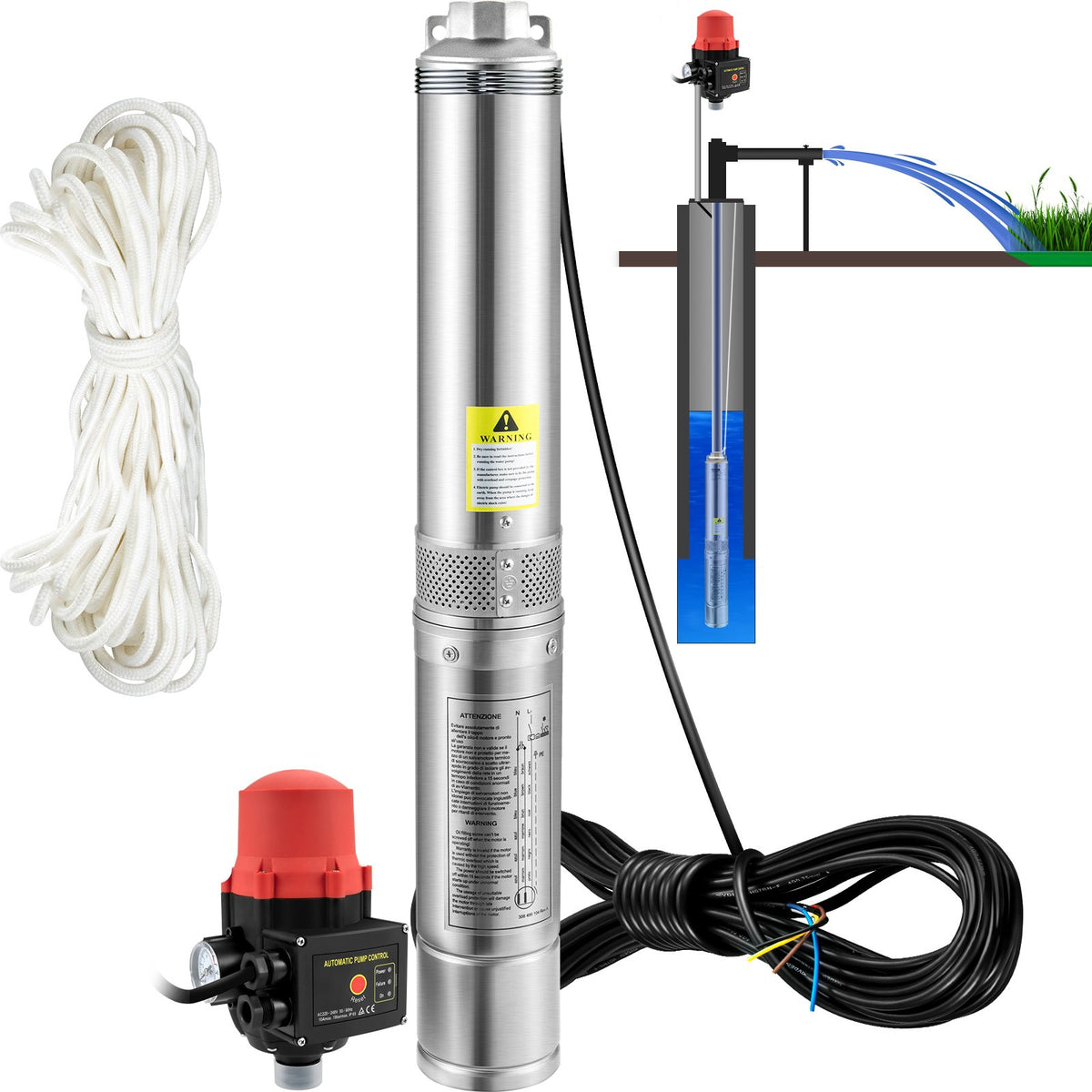 VEVOR 550 W dziļurbuma iegremdējamais sūknis, 50 l/min, 89 m pacēluma augstums, automātiskais spiediena slēdzis, IP68