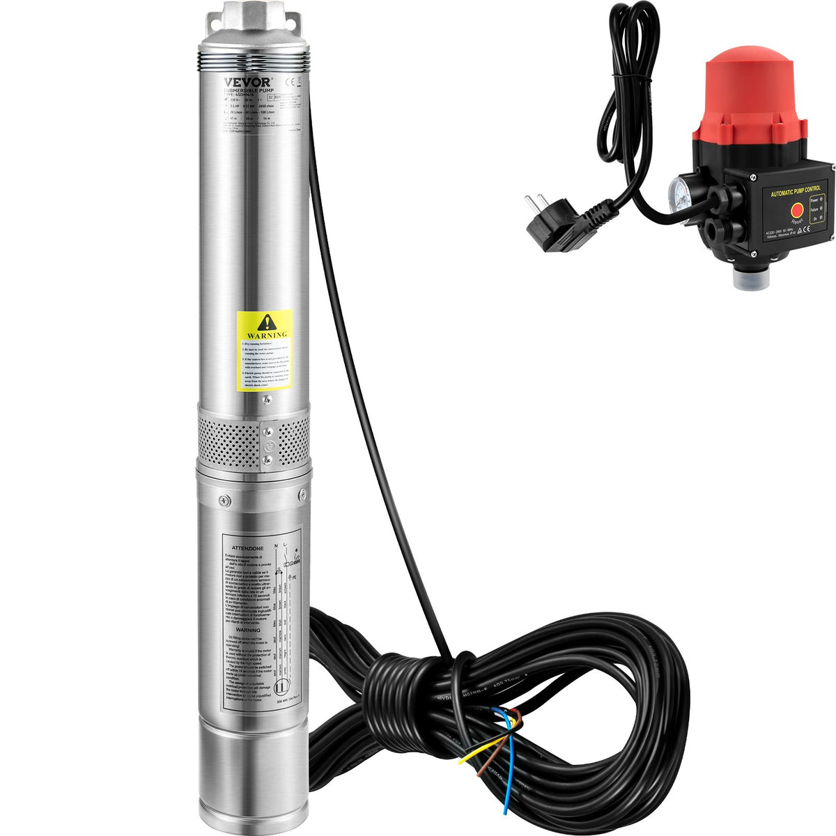 VEVOR 550 W dziļurbuma iegremdējamais sūknis, 50 l/min, 89 m pacēluma augstums, automātiskais spiediena slēdzis, IP68