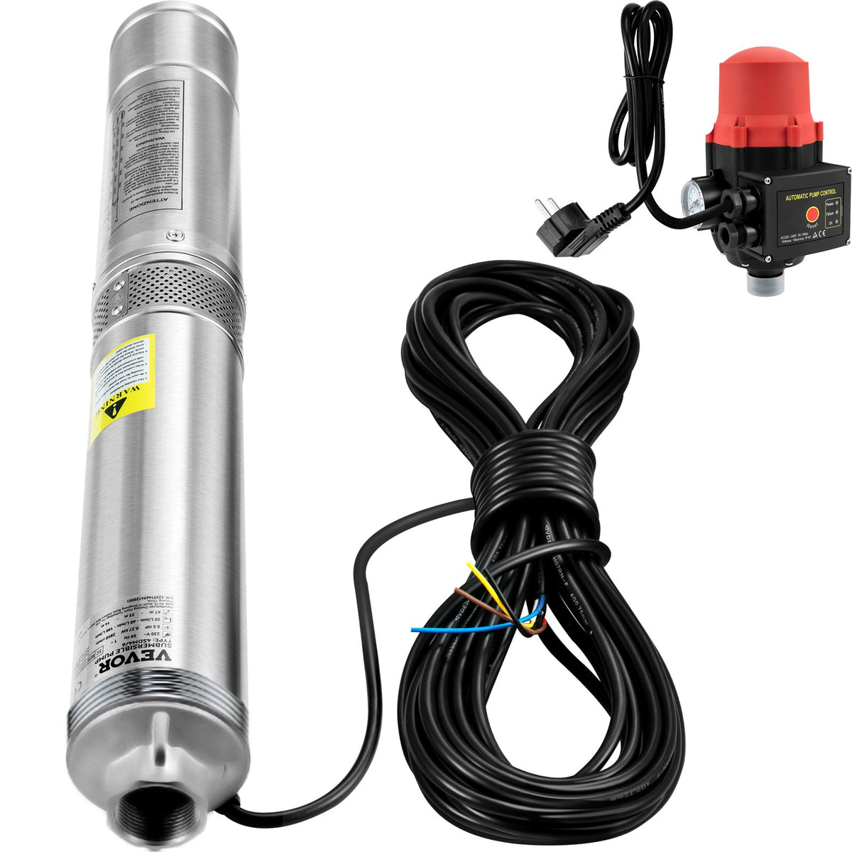 VEVOR 550 W dziļurbuma iegremdējamais sūknis, 50 l/min, 89 m pacēluma augstums, automātiskais spiediena slēdzis, IP68