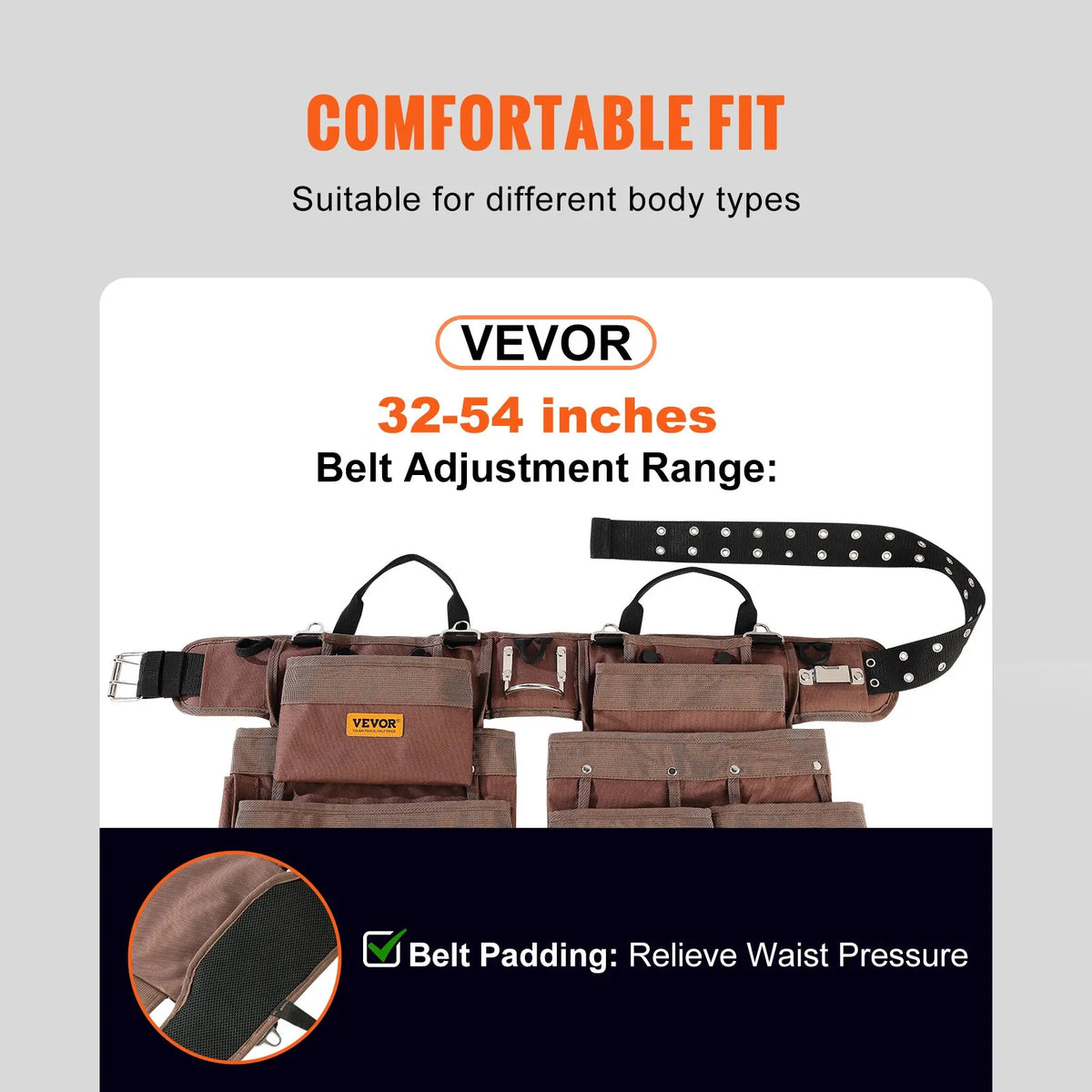 VEVOR instrumentu josta ar 19 kabatām, regulējama no 32 līdz 54 collām, izturīga poliestera instrumentu soma ar noņemamu kabatu, piemērota elektriķiem, galdniekiem, meistariem, kokapstrādes darbiniekiem, būvniecības un karkasa darbu speciālistiem, brūna. - ZEMLETES.LV
