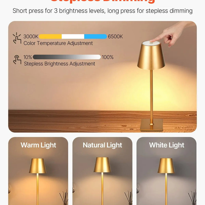 VEVOR bezvadu galda lampa 2 gab. ar iebūvētu 5200 mAh akumulatoru, bezpakāpju spilgtuma regulēšana, 3000–6500 K krāsu temperatūra, galda lampa restorānam, guļamistabai un āra lietošanai, zelta krāsa - ZEMLETES.LV