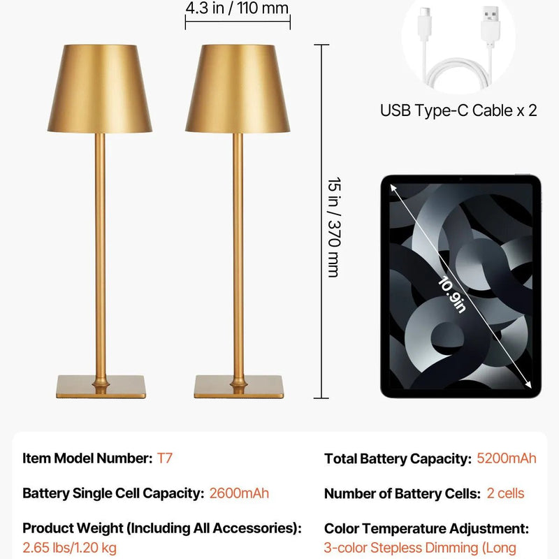 VEVOR bezvadu galda lampa 2 gab. ar iebūvētu 5200 mAh akumulatoru, bezpakāpju spilgtuma regulēšana, 3000–6500 K krāsu temperatūra, galda lampa restorānam, guļamistabai un āra lietošanai, zelta krāsa - ZEMLETES.LV