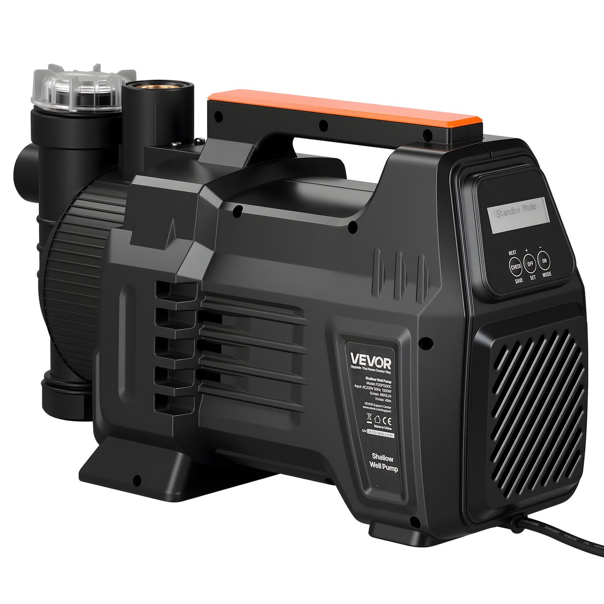VEVOR 1300 W elektroniskais seklās akas strūklas sūknis, 4800 l/h, 8 m sūkšanas augstums, ar viedo vadību