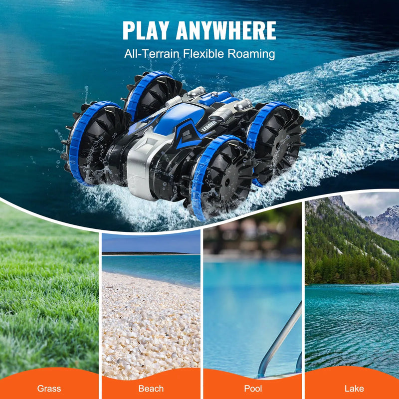 **VEVOR amfībijas tālvadības pults auto-laiva, 2,4 GHz, 12 km/h, 4WD ūdensizturīga RC automašīna bērniem, 360° griešanās triku auto ar 2 akumulatoriem, visu reljefu ūdens, pludmales un baseina rotaļlieta bērniem no 6+ gadiem, zila