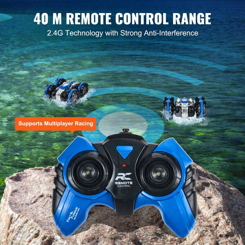 **VEVOR amfībijas tālvadības pults auto-laiva, 2,4 GHz, 12 km/h, 4WD ūdensizturīga RC automašīna bērniem, 360° griešanās triku auto ar 2 akumulatoriem, visu reljefu ūdens, pludmales un baseina rotaļlieta bērniem no 6+ gadiem, zila