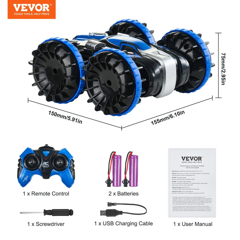 **VEVOR amfībijas tālvadības pults auto-laiva, 2,4 GHz, 12 km/h, 4WD ūdensizturīga RC automašīna bērniem, 360° griešanās triku auto ar 2 akumulatoriem, visu reljefu ūdens, pludmales un baseina rotaļlieta bērniem no 6+ gadiem, zila