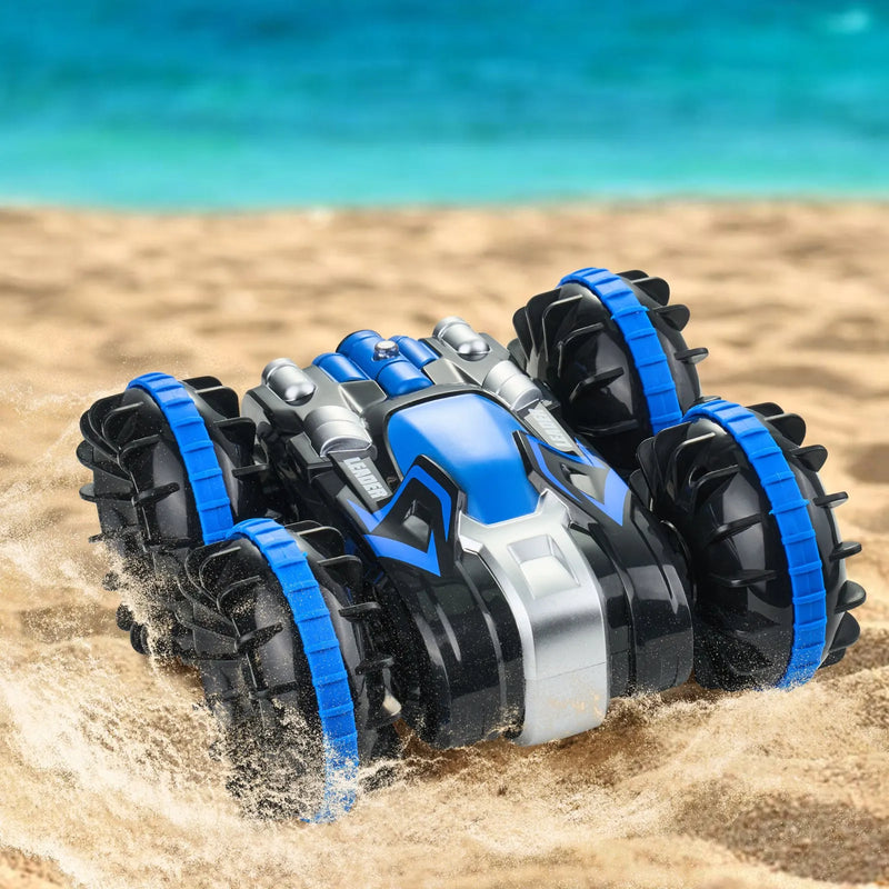 **VEVOR amfībijas tālvadības pults auto-laiva, 2,4 GHz, 12 km/h, 4WD ūdensizturīga RC automašīna bērniem, 360° griešanās triku auto ar 2 akumulatoriem, visu reljefu ūdens, pludmales un baseina rotaļlieta bērniem no 6+ gadiem, zila