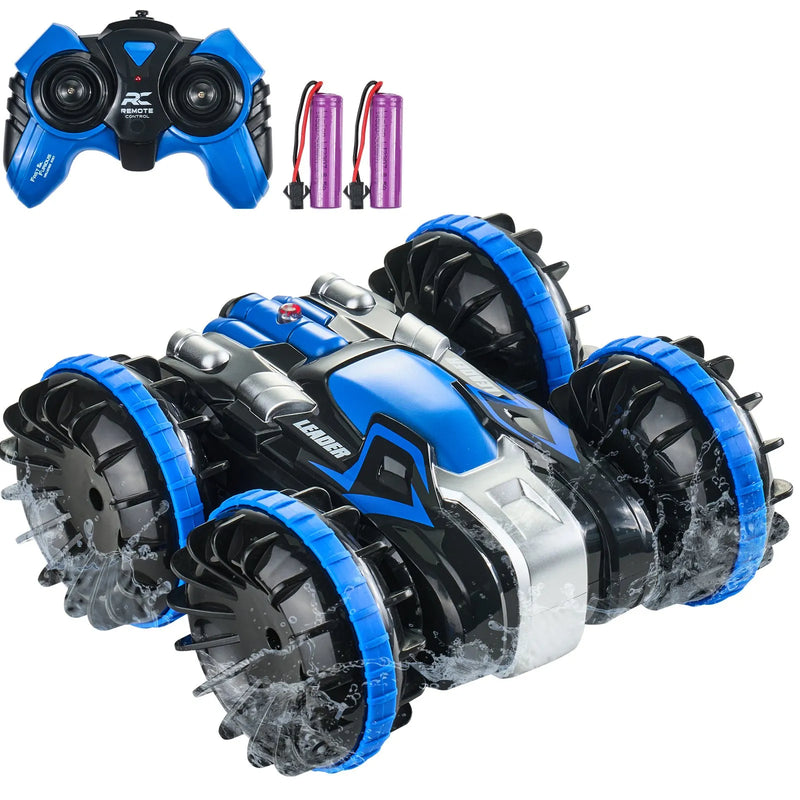 **VEVOR amfībijas tālvadības pults auto-laiva, 2,4 GHz, 12 km/h, 4WD ūdensizturīga RC automašīna bērniem, 360° griešanās triku auto ar 2 akumulatoriem, visu reljefu ūdens, pludmales un baseina rotaļlieta bērniem no 6+ gadiem, zila