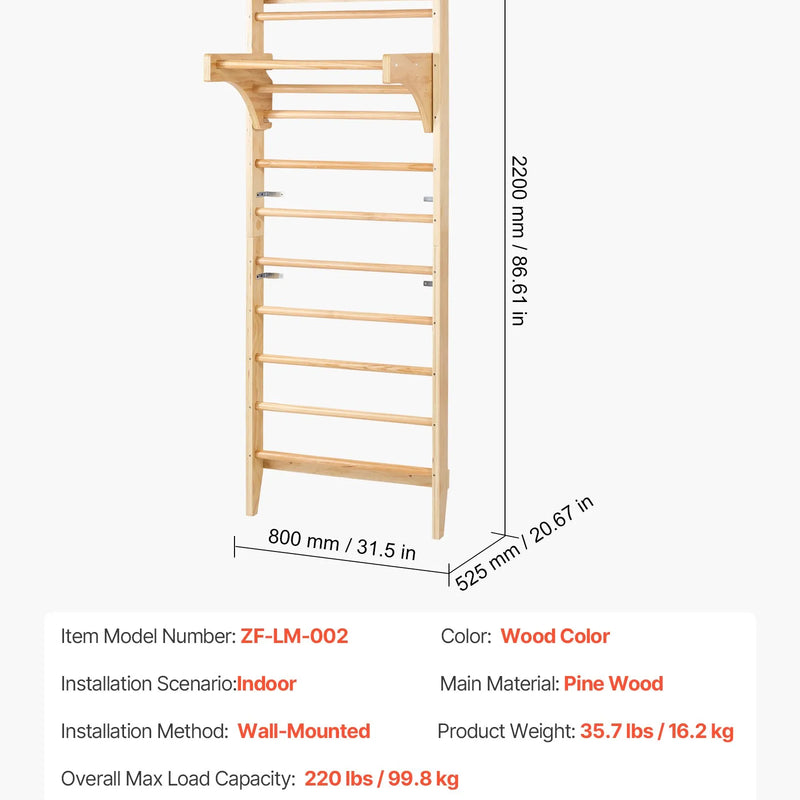 VEVOR zviedru sienas kāpņu sienas vingrošanas komplekss, 10 līmeņu masīvkoka iekštelpu rotaļu un treniņu kāpnes, nestspēja līdz 100 kg, bērniem un pieaugušajiem, ar vingrošanas stieņiem un stall bar konstrukciju, dāvana zēniem un meitenēm