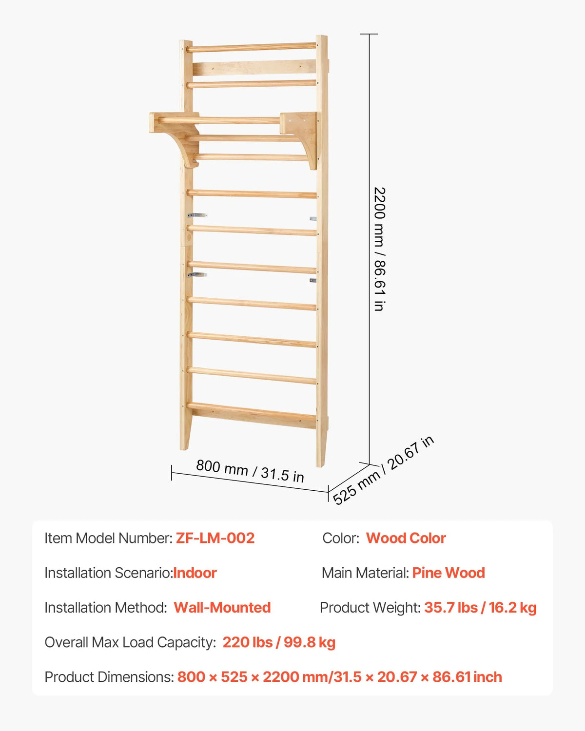 VEVOR Solid Wood Swedish Wall 10 Levels for Children and Adults, up to 100 kg