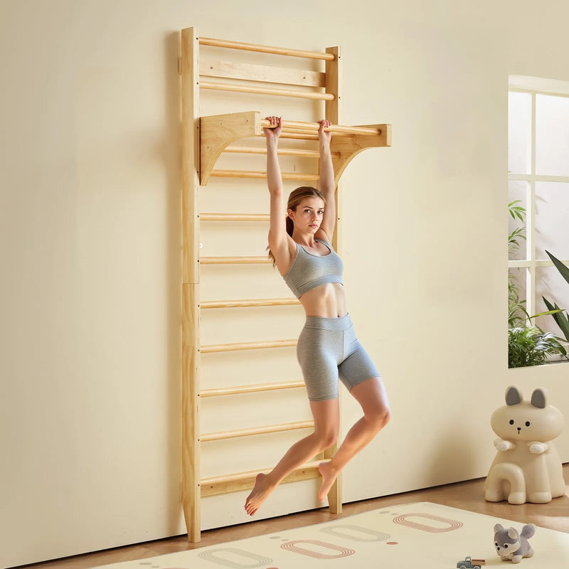 VEVOR zviedru sienas kāpņu sienas vingrošanas komplekss, 10 līmeņu masīvkoka iekštelpu rotaļu un treniņu kāpnes, nestspēja līdz 100 kg, bērniem un pieaugušajiem, ar vingrošanas stieņiem un stall bar konstrukciju, dāvana zēniem un meitenēm