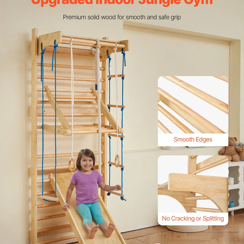 VEVOR zviedru sienas kāpņu trenažieris, 8-in-1, 15 līmeņu masīvkoka iekštelpu “jungle gym” sienas vingrošanas komplekts, 99,79 kg sienas stieņu kāpšanas rotaļu sistēma, slidkalniņu, pievilkšanās stieni, vingrošanas riņķiem, šūpoles sēdekli.
