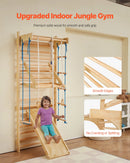 VEVOR zviedru sienas kāpņu trenažieris, 8-in-1, 15 līmeņu masīvkoka iekštelpu “jungle gym” sienas vingrošanas komplekts, 99,79 kg sienas stieņu kāpšanas rotaļu sistēma, slidkalniņu, pievilkšanās stieni, vingrošanas riņķiem, šūpoles sēdekli.